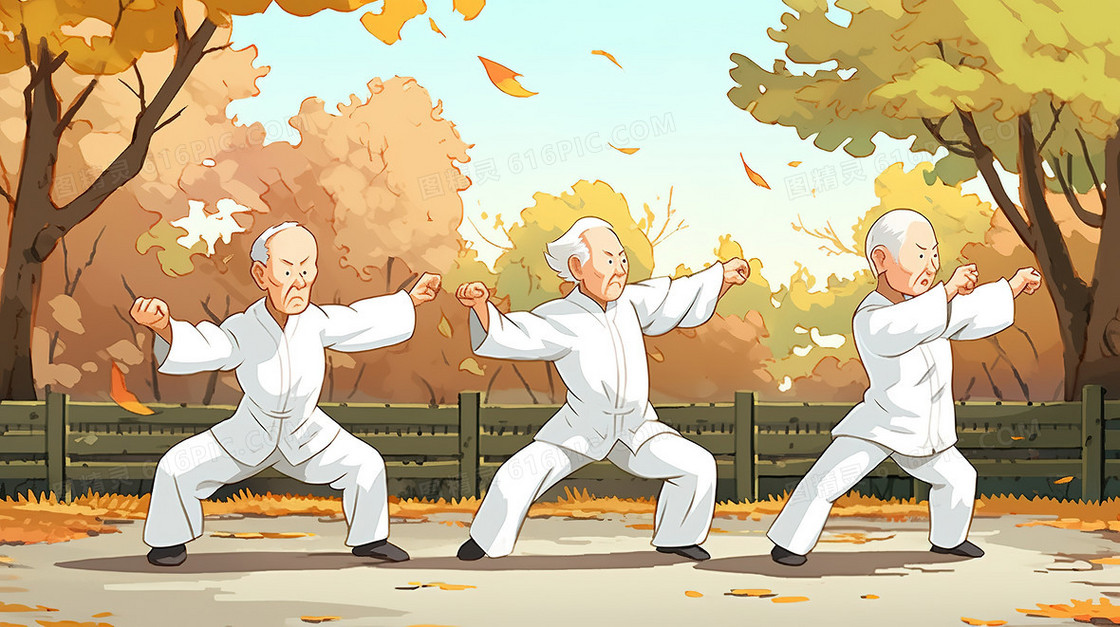卡通风秋季在公园打太极的老人
