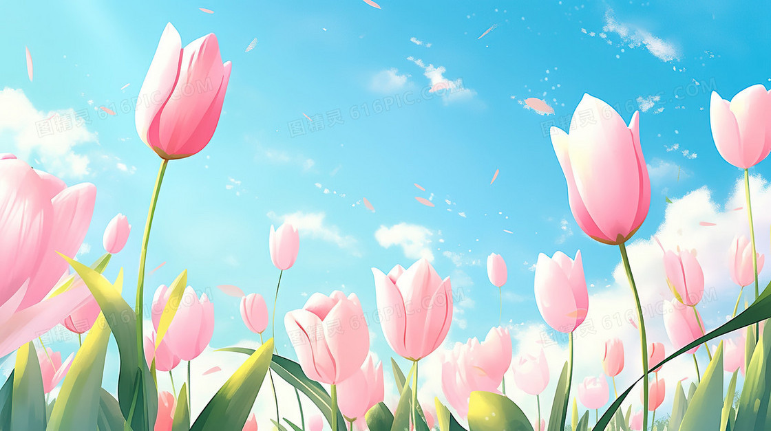 卡通唯美粉色郁金香花海