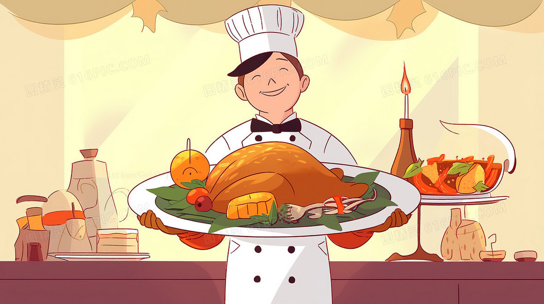 卡通风厨师端着一盘万圣节烤火鸡