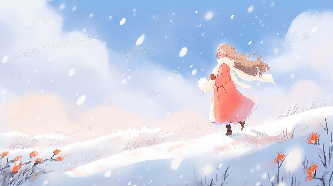 卡通可爱的女孩行走在冬季的雪地里