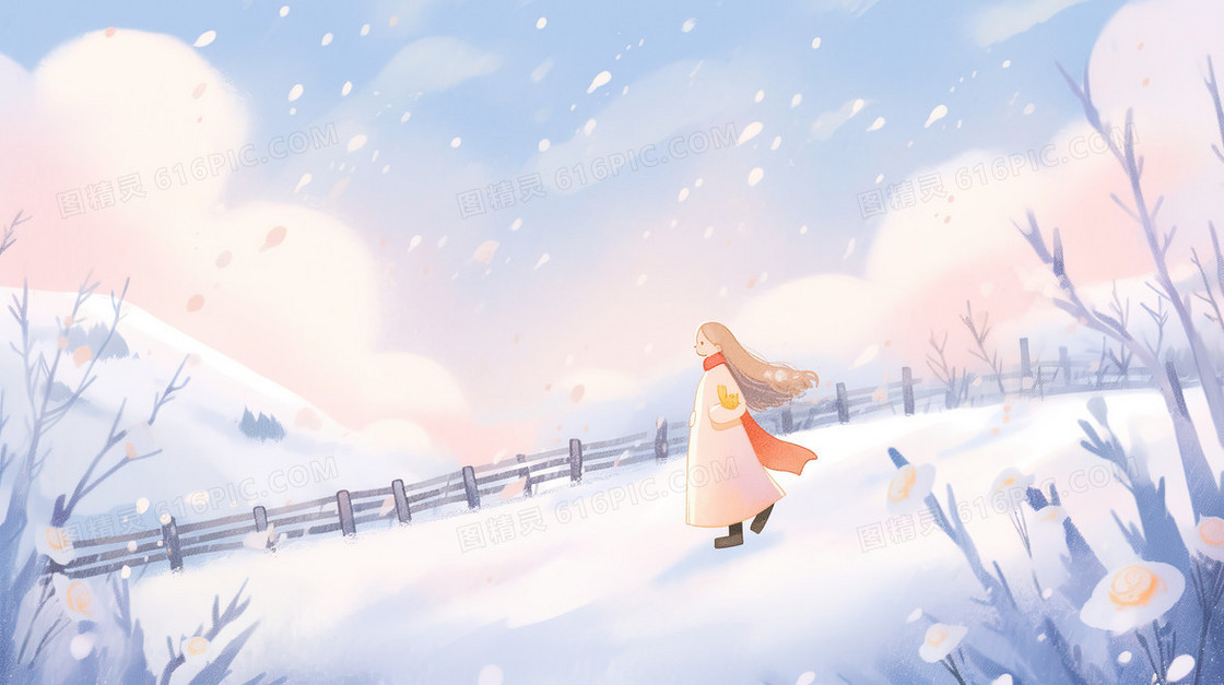 卡通可爱的女孩行走在冬季的雪地里