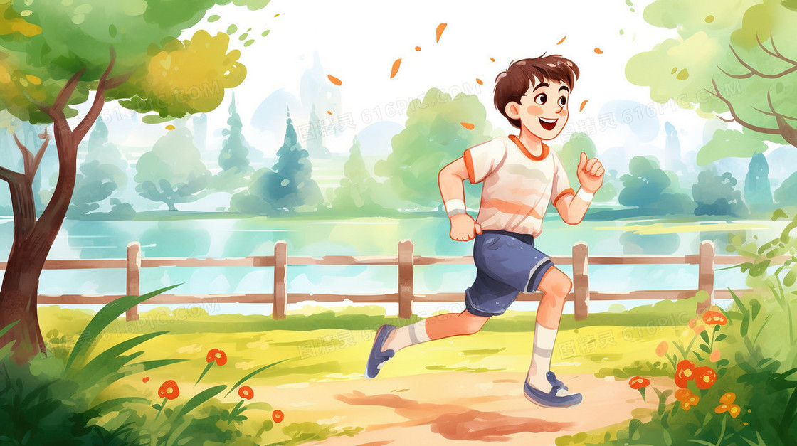 卡通风在公园跑步的帅气男孩