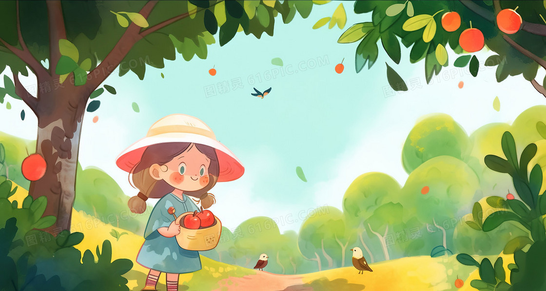 卡通风在果园里摘果子的可爱女孩