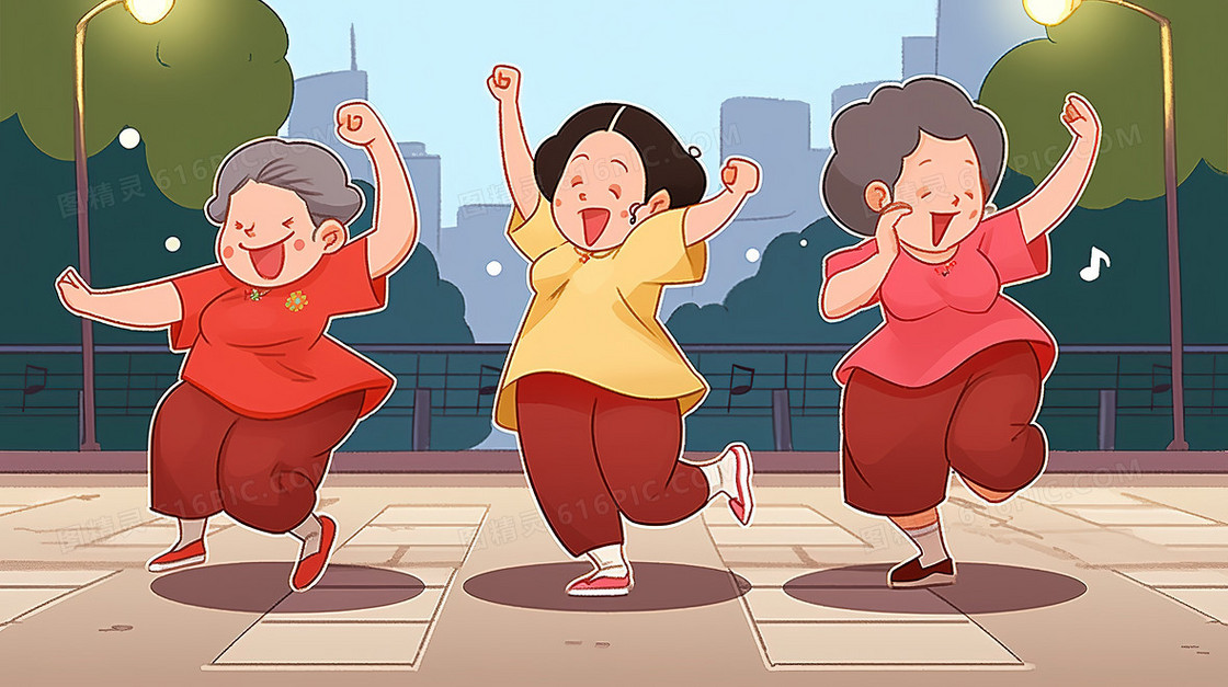 卡通风一群可爱的大妈在跳广场舞