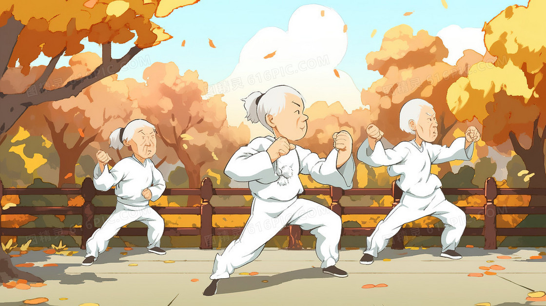 卡通风秋季在公园打太极的老人