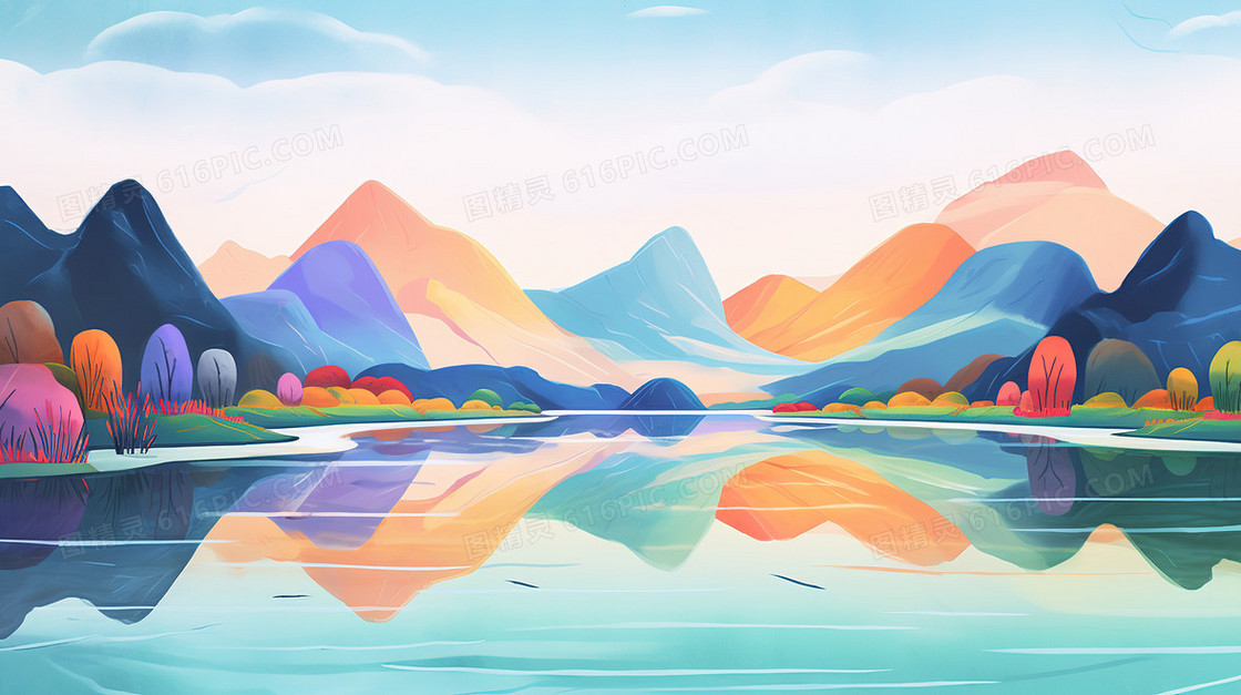 卡通风色彩丰富的远山和湖水