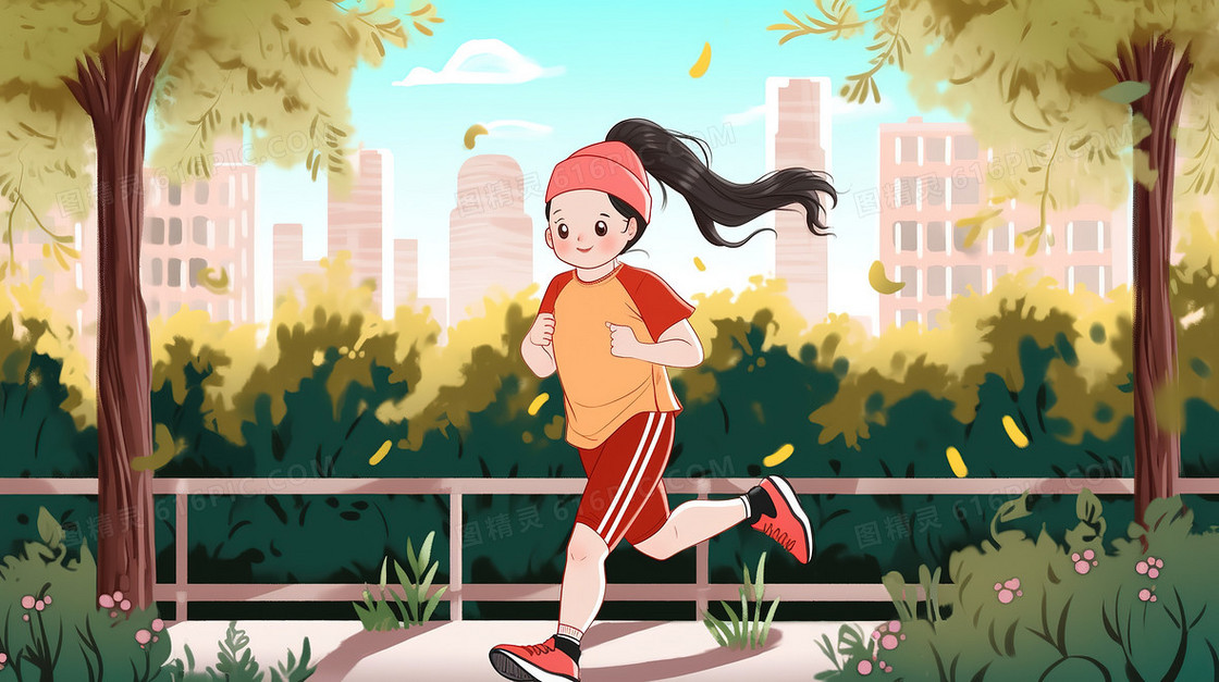 卡通风清晨在公园跑步的女孩
