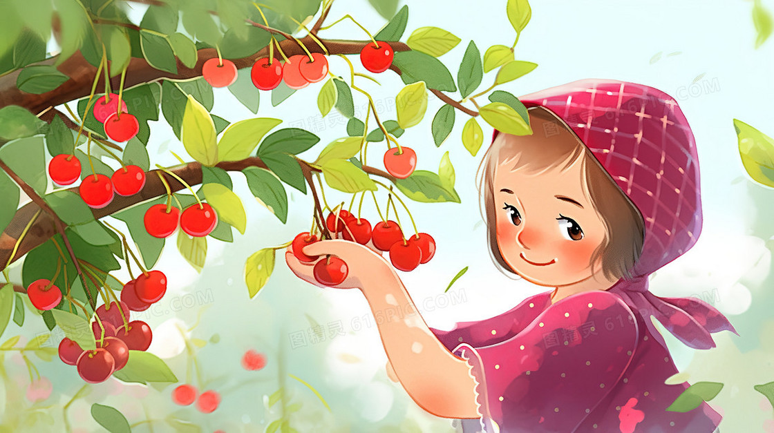 卡通风在果园里摘樱桃的可爱女孩