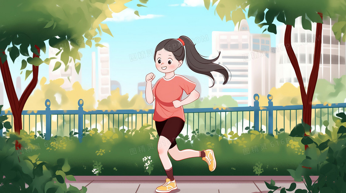 卡通风清晨在公园跑步的女孩