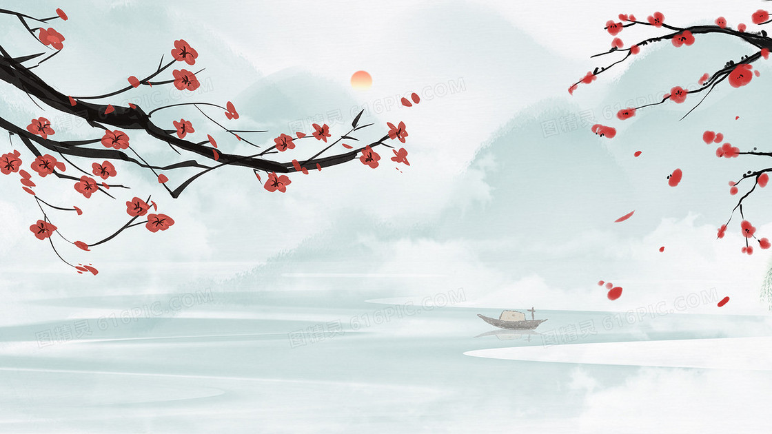 中国风梅花山水风景水墨国风插画