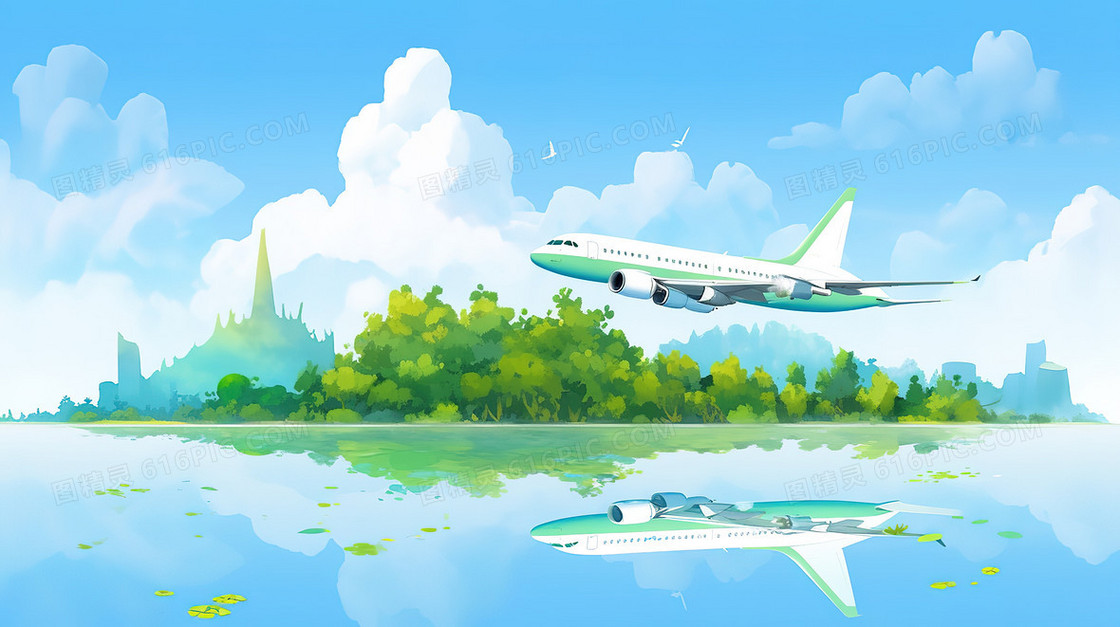 卡通清新在小岛上空的飞机