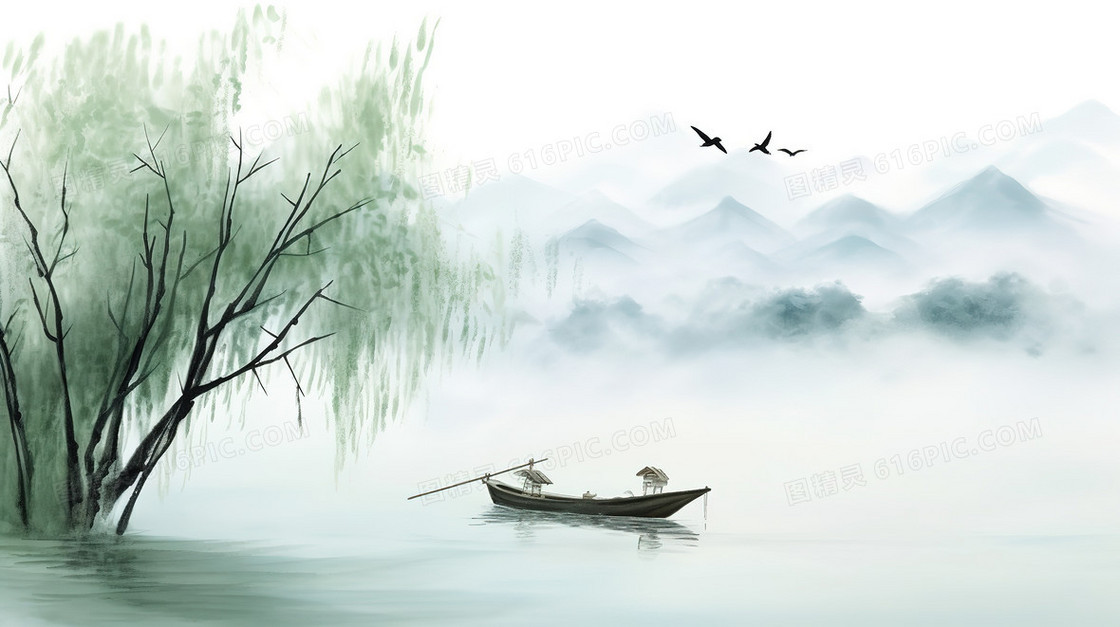 中国风水墨画在湖面泛舟的老人