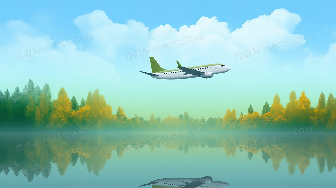 飞机翱翔在湖面上空的蓝天下
