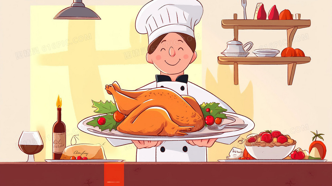 卡通风厨师端着一盘万圣节烤火鸡