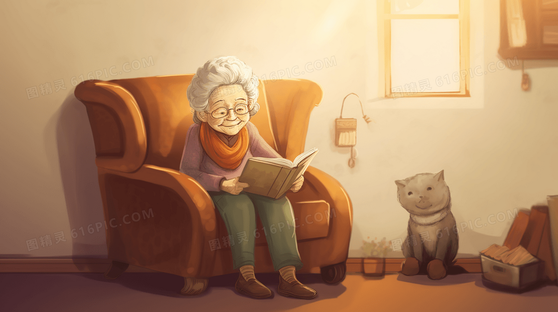 坐在沙发上看书的老太太插画