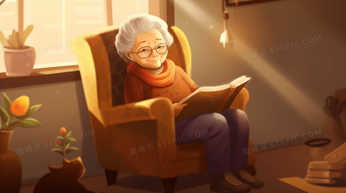 坐在沙发上看书的老太太插画