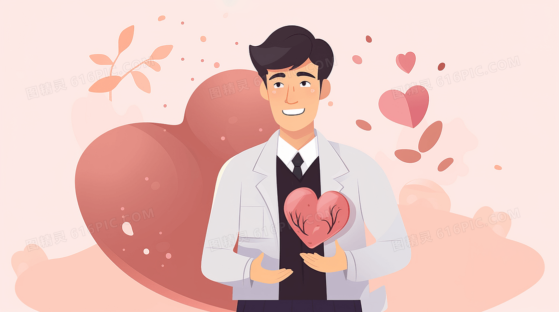 粉色医疗健康宣传心脏卡通医生插画