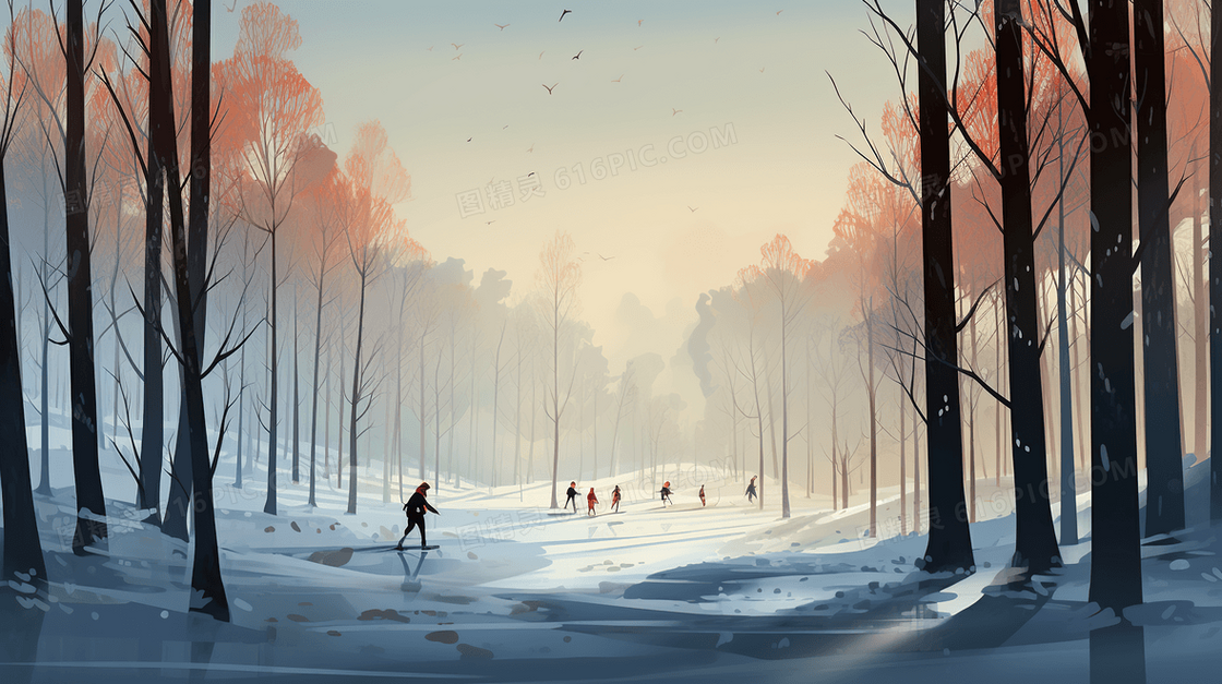 冬天雪地风景风光人物插画