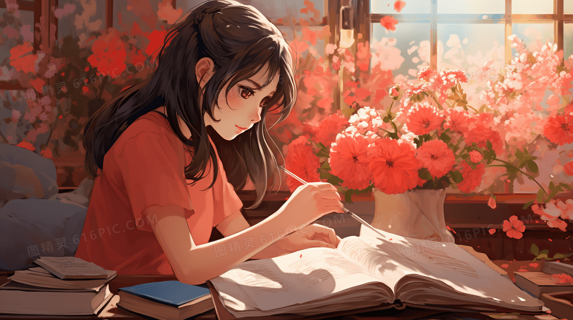 唯美梦幻少女坐在窗边画画插画