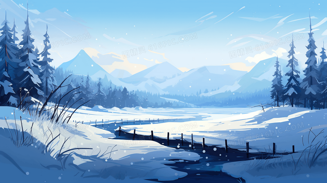 冬天雪地风景风光唯美插画