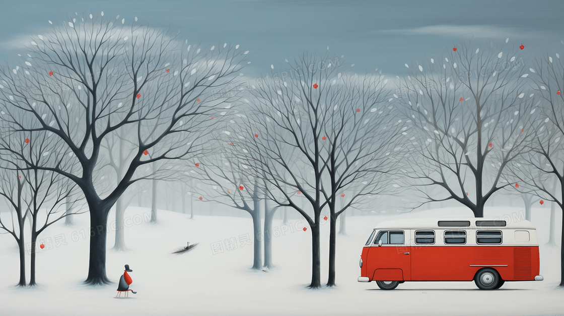 冬天雪地风景红色巴士插画