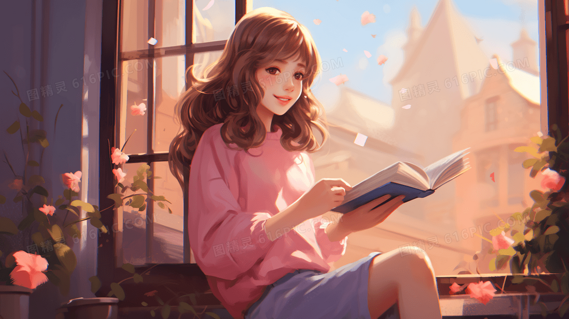 唯美梦幻少女坐在窗边学习花朵书本插画