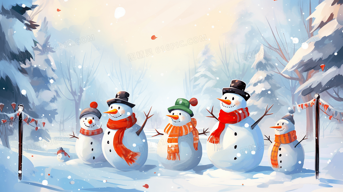 冬天雪地风景风光可爱雪人插画