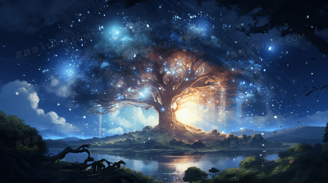 魔法树梦幻风景科幻场景插画