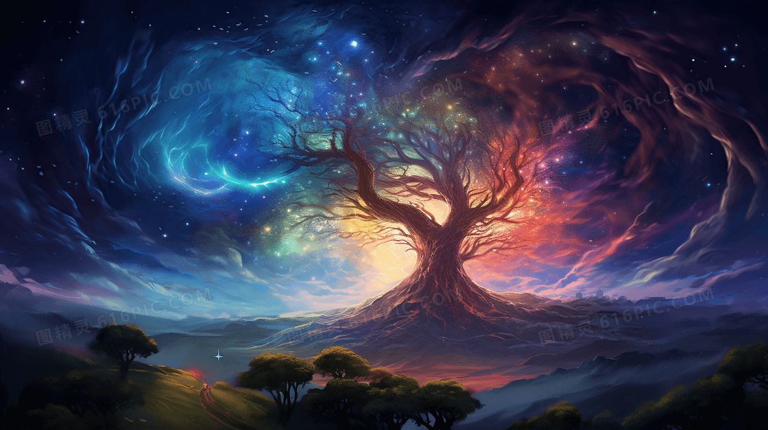 魔法树梦幻风景科幻场景插画