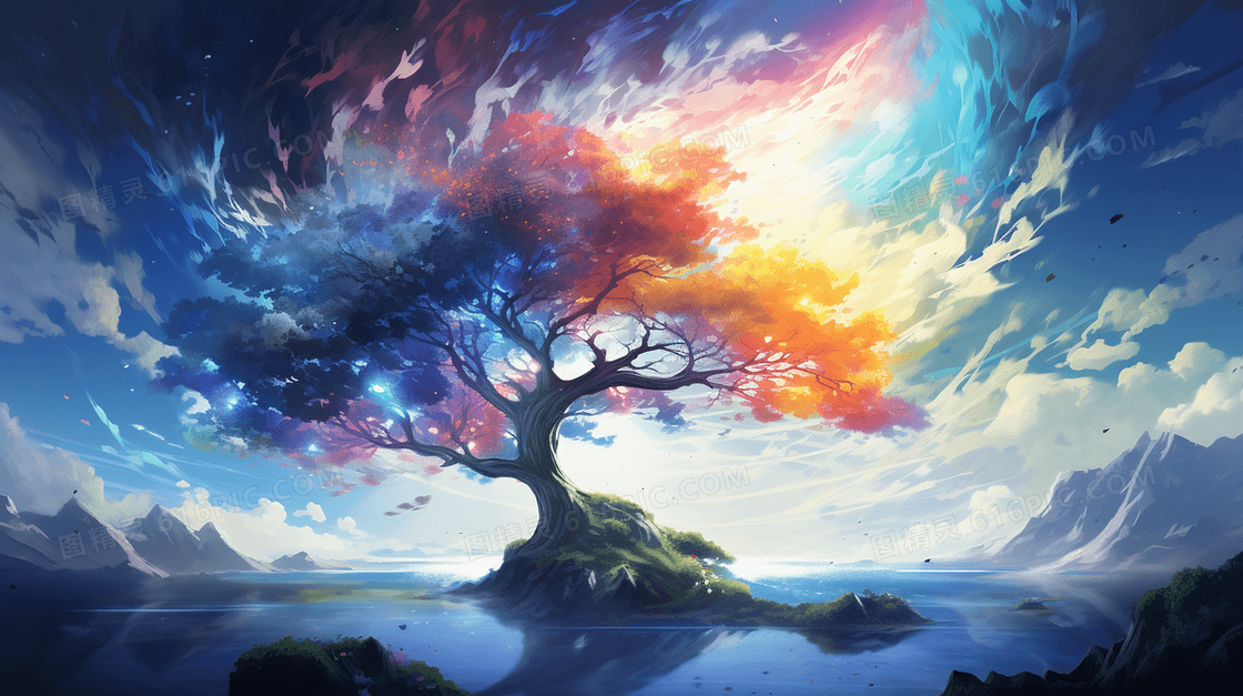 魔法树梦幻风景科幻场景插画