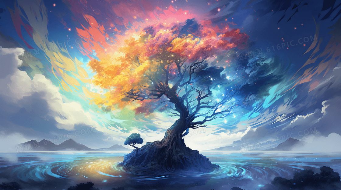 魔法树梦幻风景科幻场景插画