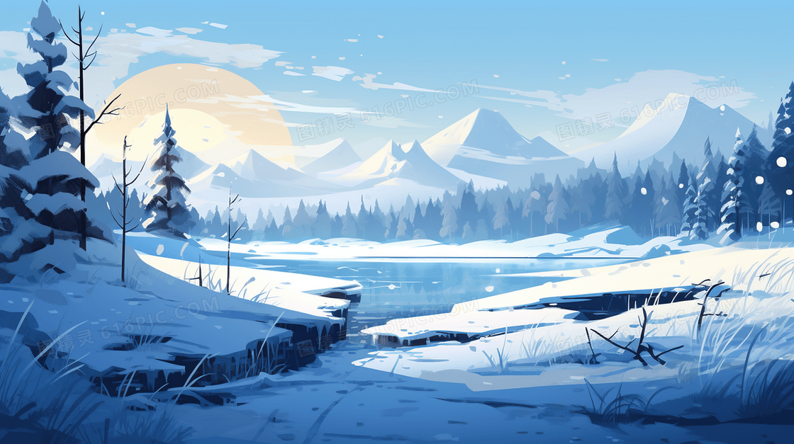 冬天雪地风景风光唯美插画