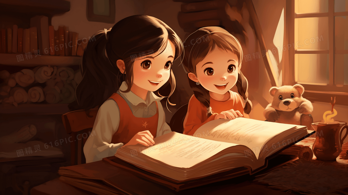 唯美梦幻姐妹学习儿童书本插画