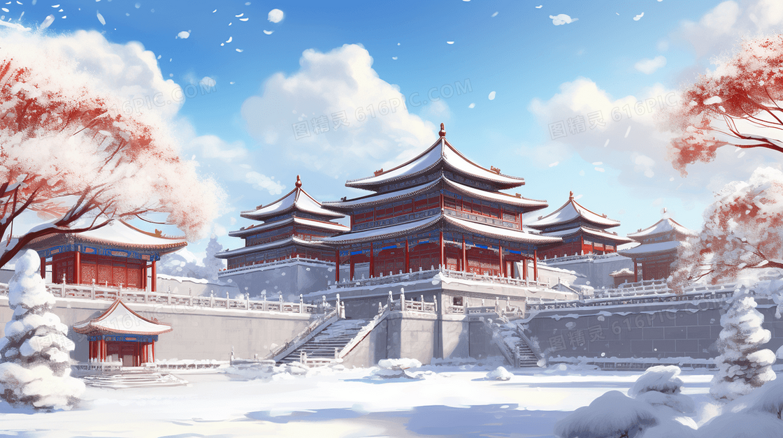 中国风建筑冬天雪景唯美古风插画