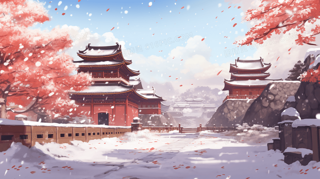 中国风建筑冬天雪景唯美古风插画