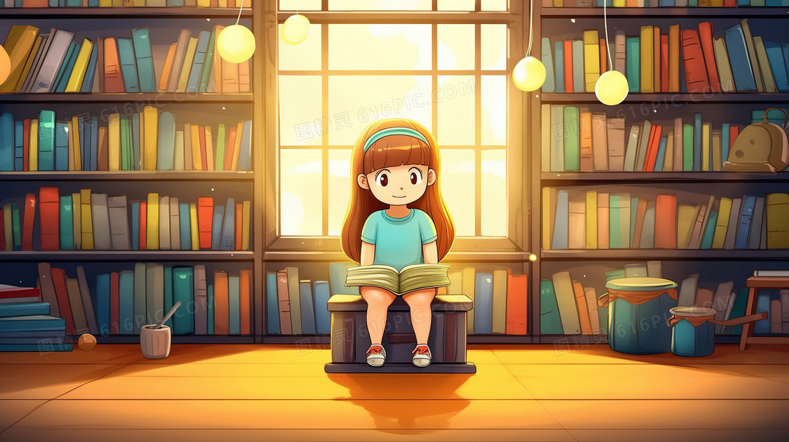 卡通一个可爱的女孩在书房看书