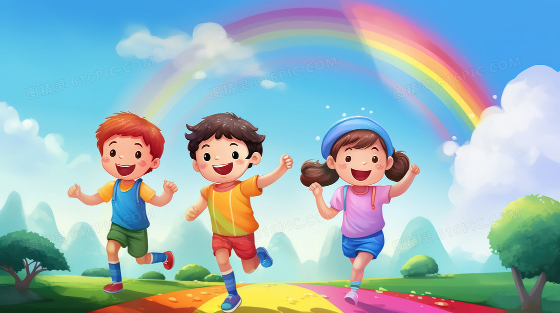 卡通风彩虹下玩耍的孩子