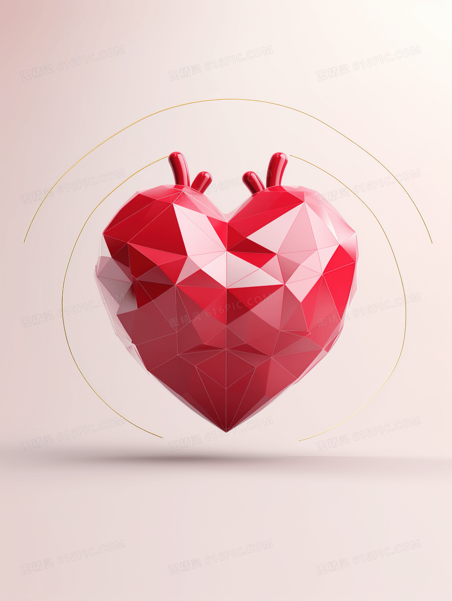 红色几何创意造型C4D立体爱心钻石插画