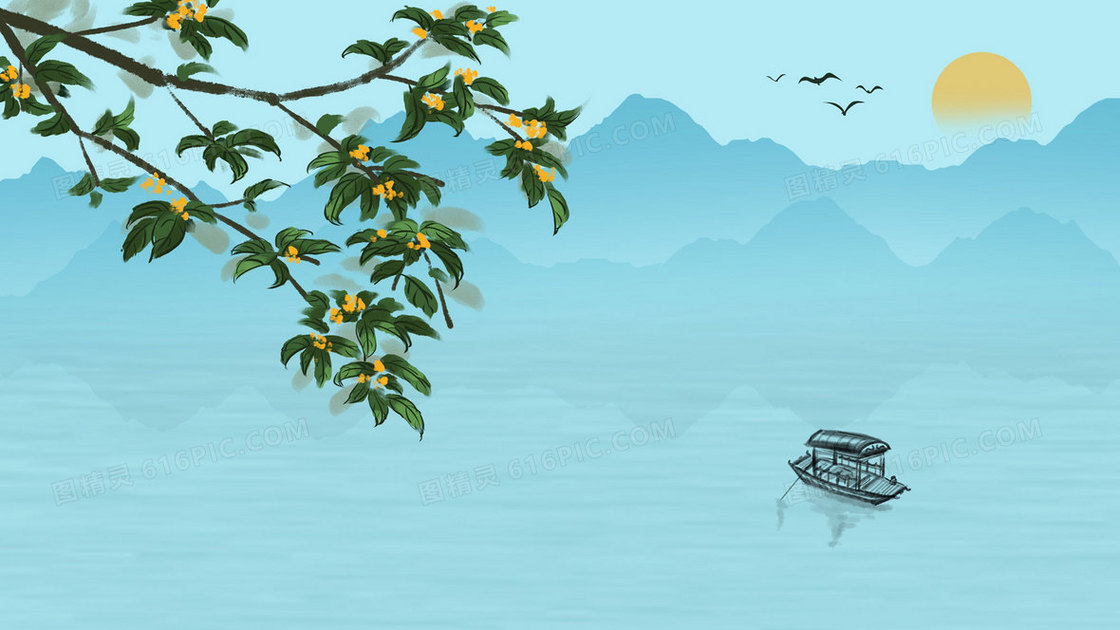 水墨中国风桂花烟雨江南手绘插画