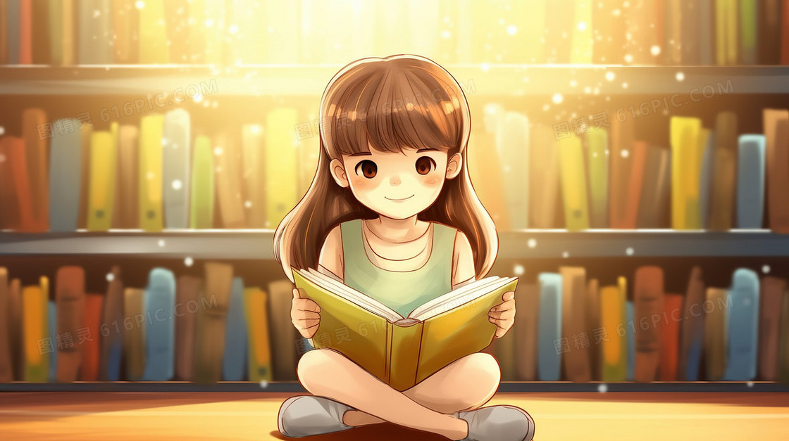 卡通一个可爱的女孩在书房看书