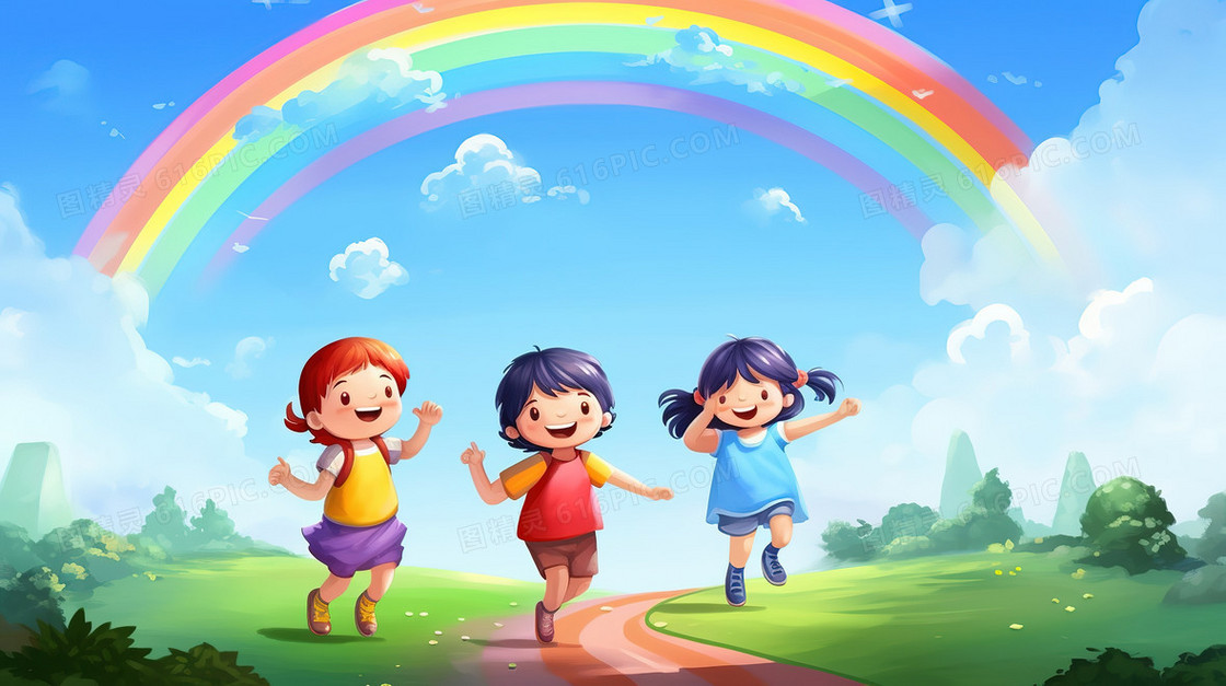 卡通风彩虹下玩耍的孩子