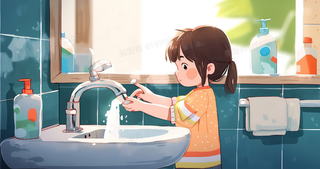 卡通风可爱的小女孩在洗手