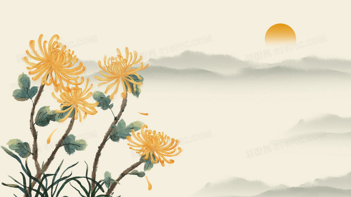 水墨菊花手绘山水插画