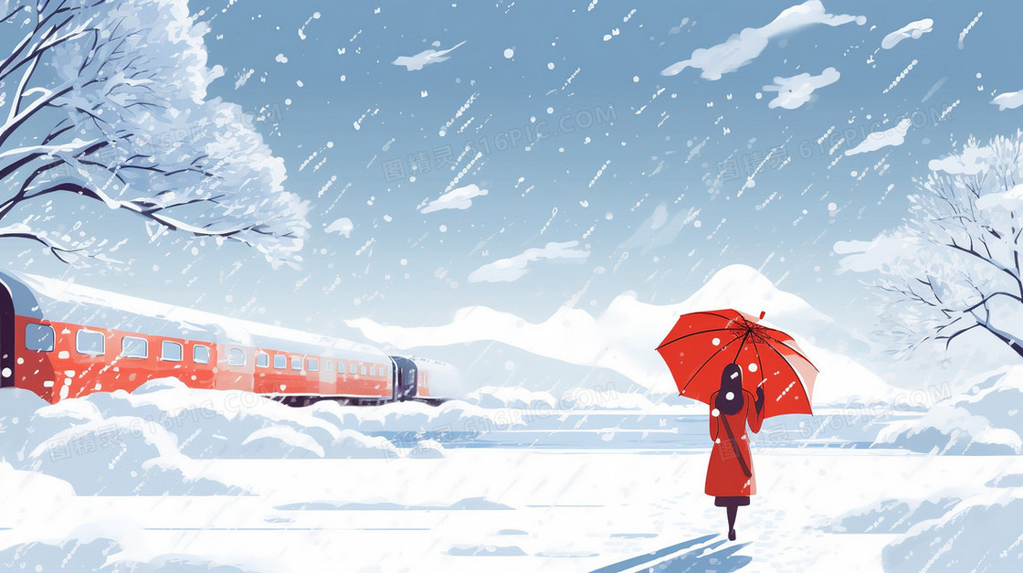 卡通冬季大雪天在雪中撑伞的女人