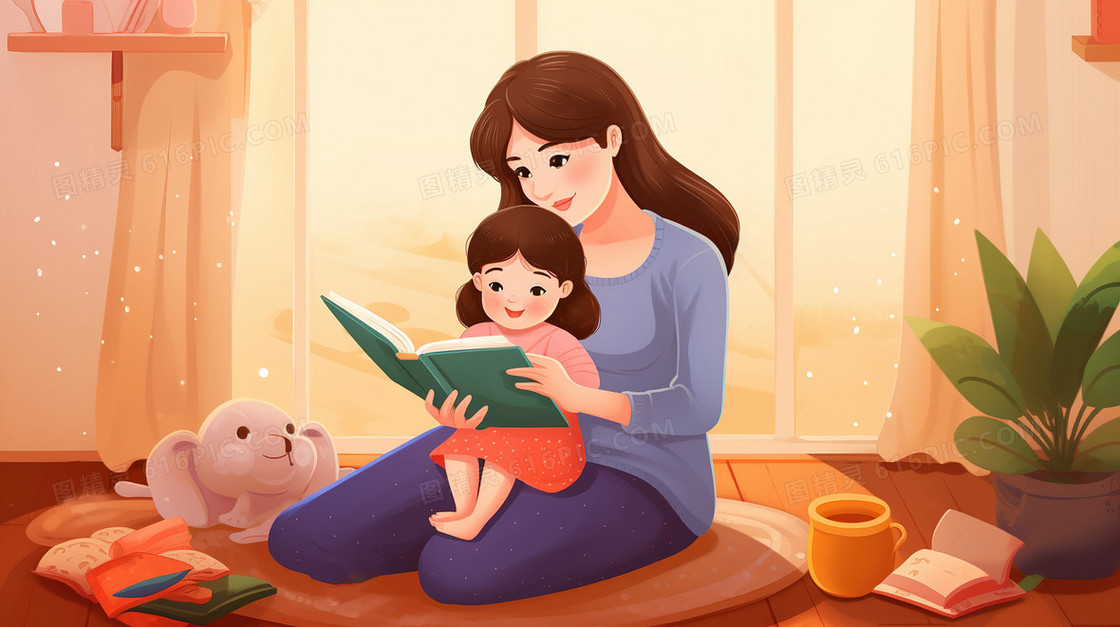 卡通风妈妈在陪孩子阅读