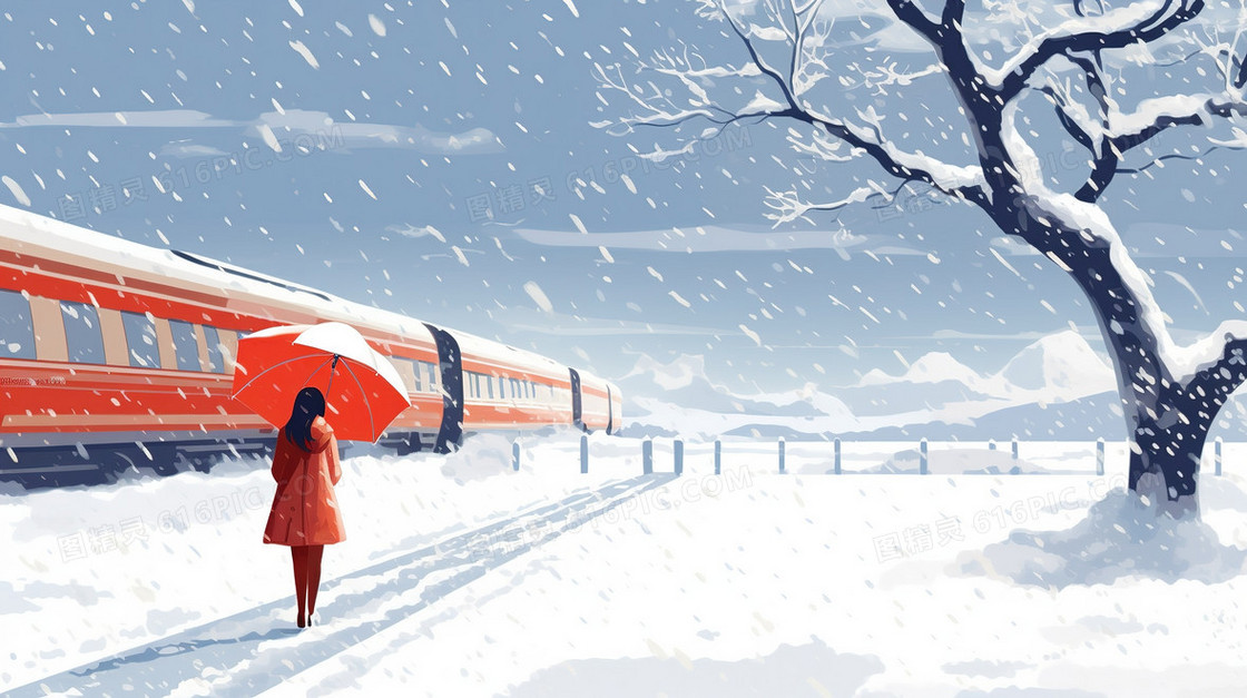 卡通冬季大雪天在雪中撑伞的女人