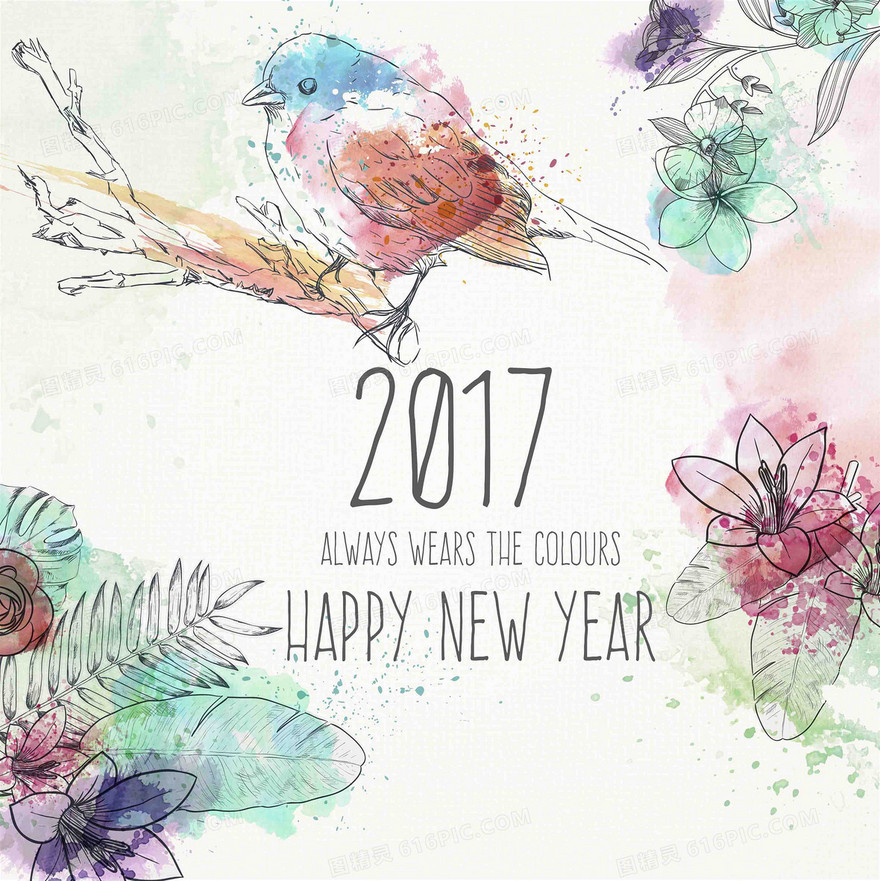 美式2017新年圣诞手绘小鸟祝福贺卡海报