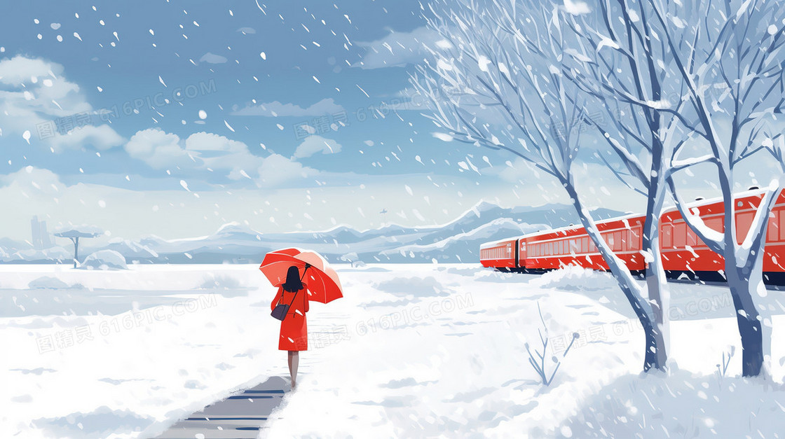 卡通冬季大雪天在雪中撑伞的女人