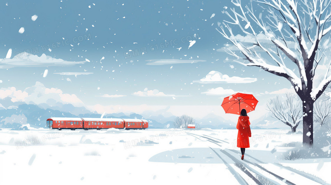 卡通冬季大雪天在雪中撑伞的女人
