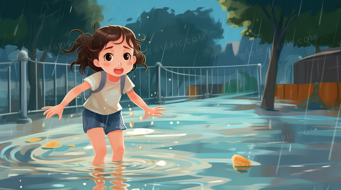 卡通风可爱的小女孩在洪水中等待救援